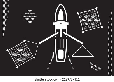 Fishing boat takes baskets of fish in the sea – vector illustration