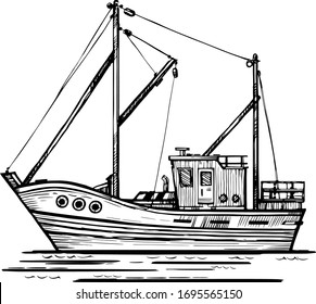 Fishing boat used as a vehicle for finding fish in the sea. Hand-drawn sketch vector.