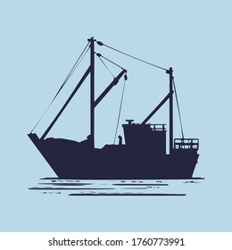 Fishing boat used as a vehicle for finding fish in the sea. Hand-drawn  silhouette vector.