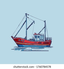 Fishing boat used as a vehicle for finding fish in the sea. Hand-drawn color sketch vector.