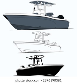 Fishing boat vector graphic, line art, and one-color