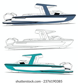 Fishing boat vector graphic, line art, and one-color