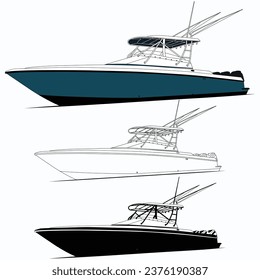Fishing boat vector graphic, line art, and one-color