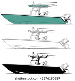 Fishing boat vector graphic, line art, and one-color