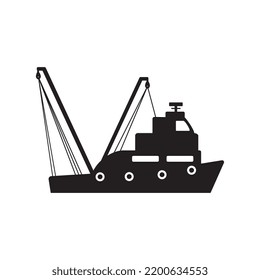 Fishing boat vector icon, black design on white background