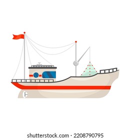 Fishing boat vector illustration. Fisherman trawlers, ships with cranes lifting nets isolated on white. Food and seafood industry, marine job