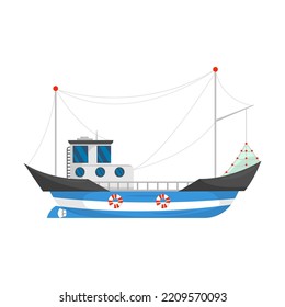 Ilustración vectorial de embarcaciones de pesca. Barco con red de elevación de grúas. Para la industria de alimentos y mariscos, el trabajo marítimo, el concepto de transporte