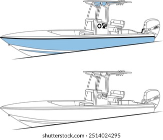 Fishing Boat Vector, Fishing Boat Images, Sport Fishing Boat Vector, Line Art, Ector Art, Flat Design, Fishing Illustration, Boat Vector.