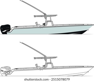 Fishing Boat Vector, Fishing Boat Images, Sport Fishing Boat Vector, Line Art, Ector Art, Flat Design, Fishing Illustration, Boat Vector.