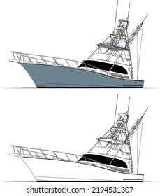 Fishing Boat Vector Line Art Illustration for T-shirt Printing Color Illustration and Line art with black and white