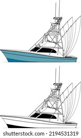 Fishing Boat Vector Line Art Illustration for T-shirt Printing Color Illustration and Line art with black and white