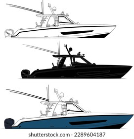 Fishing boat vector line art and color.