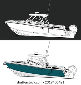 Fishing boat vector line art color illustration for t-shirt or other printable design