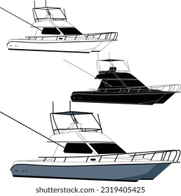 Fishing boat vector line art color illustration for t-shirt or other printable design