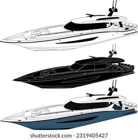 Fishing boat vector line art color illustration for t-shirt or other printable design