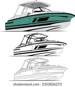 Fishing boat vector line art illustration for t- shirt or other materials printing, one color.