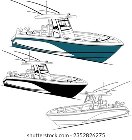 Fishing boat vector line art illustration for t- shirt or other materials printing, one color.