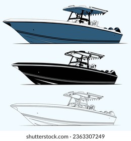 Fishing boat vector line art illustration and one color