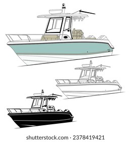  Fishing boat vector line art and one color