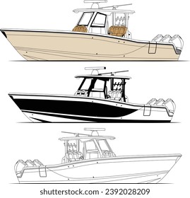 Fishing boat vector line art illustration and one-color