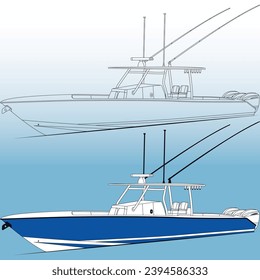 Fishing Boat Vector Line Art Illustration...