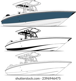 Fishing boat vector line art illustration and one-color