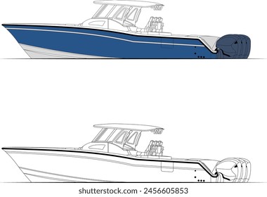 Fishing Boat Vector Line Art Illustration.