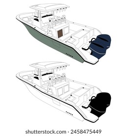 Ilustración de arte de línea de Vector de bote de pesca.