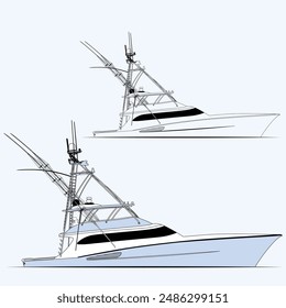 Fishing Boat Vector Line Art Illustration One Color 