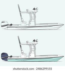 Fishing Boat Vector Line Art Illustration One Color 