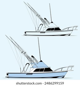 Fishing Boat Vector Line Art Illustration One Color 