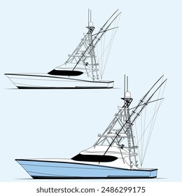 Fishing Boat Vector Line Art Illustration One Color 