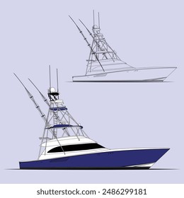 Fishing Boat Vector Line Art Illustration One Color 