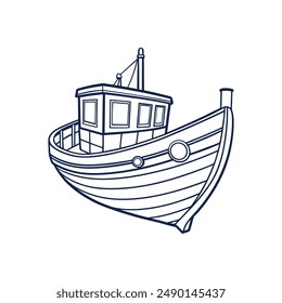 Fishing Boat vector line art on white background