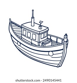 Fishing Boat vector line art on white background