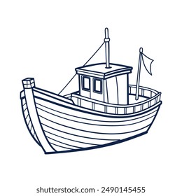 Arte de la línea de Vector del barco de pesca sobre fondo blanco