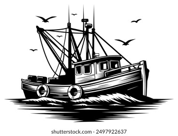 Fishing boat vector line art illustration