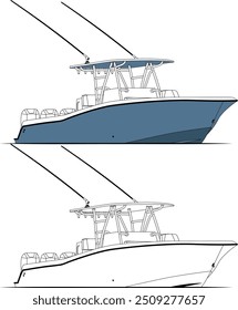 Fishing boat vector line art illustration and one color