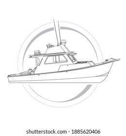 Fishing boat vector in line draw style, perfect for Fishing Company logo also all merchandise design