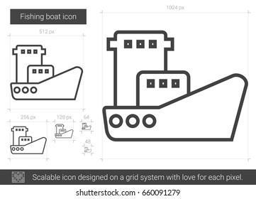 Icono de la línea vectorial del barco pesquero aislado en fondo blanco. Icono de línea de barco pesquero para infografía, sitio web o aplicación. Icono escalable diseñado en un sistema de cuadrícula.