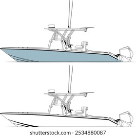 Fishing boat vectors, line art illustrations, sport fishing boat vectors, fisherman vectors, graphics, and graphic art are available royalty-free for download