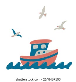 Barco pesquero en olas con gaviotas. Pequeños barcos con un diseño plano adorable. Ilustración vectorial para diseño infantil, decoración de habitación infantil, impresión y otros.