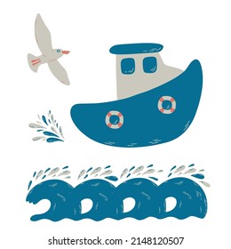Fishing boat in waves with seagulls and splashes. Small ship in cute flat design. Vector illustration for childish design, kids room decor, print and other.