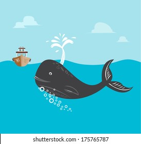 Fishing boat with Whale Vector