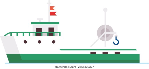 Fishing boat with winch, hook and red flags floating on the water, side view of a commercial fishing vessel used for catching fish in the ocean