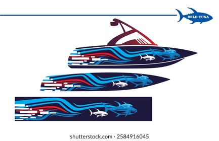 fishing boat wrap with swoosh and wild tuna image vector illustrations