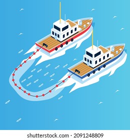 Fishing boats casting a net for catching fish isometric 3d vector concept for banner, website, illustration, landing page, flyer, etc.