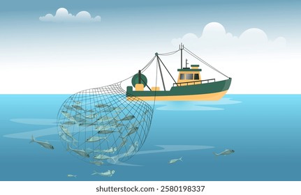 fishing boats catching fish with trawl nets, fishing net vector illustration, fishery and marine industry