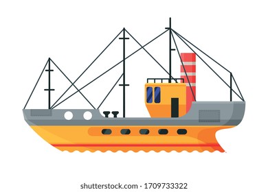 Fishing Boats, Commercial Fishing Trawler, Industrial Seafood Production, Water Transport, Sea or Ocean Transportation Vector Illustration