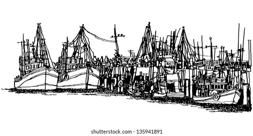 Fishing boats in the harbor in Thailand : sketchbook style EPS.10 vector